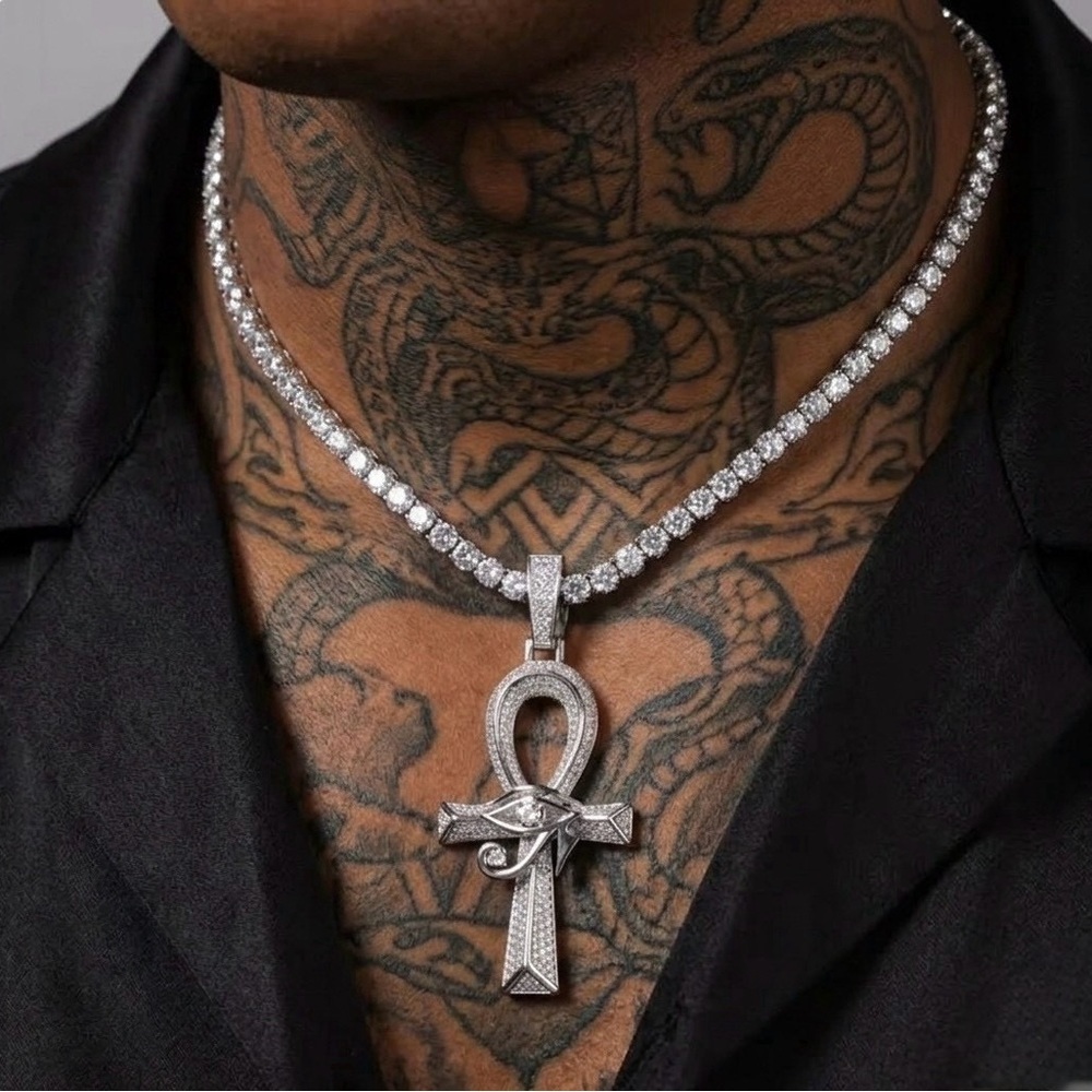 Ankh Pendant Tennis Necklace 20inch - Silver Tone